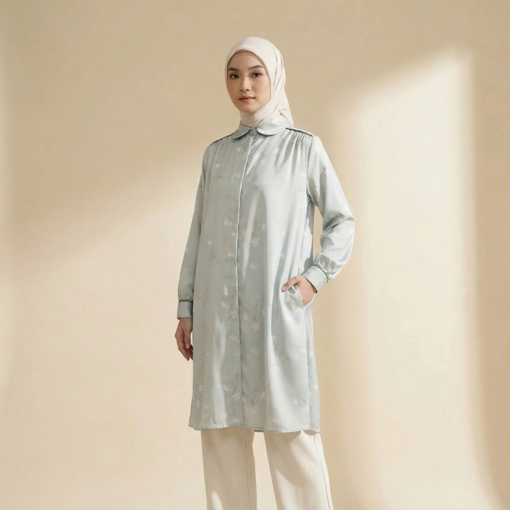 ZOYA Nayma Midi Dress Sage - Baju Tunik Midi Dress Wanita Wudhu Busui Friendly - Bahan Premium Satee