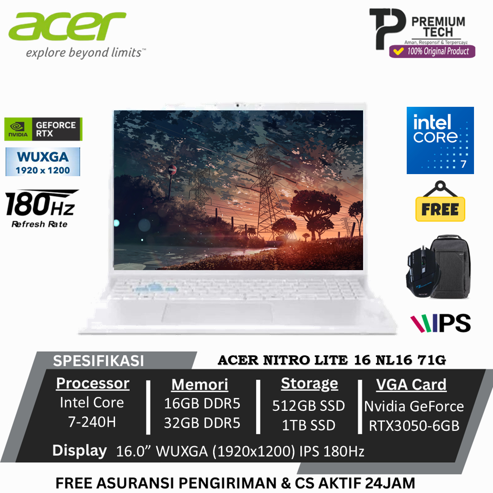 ACER Nitro Lite 16 NL16 71G RTX3050 6GB Intel Core 7 240H 32Gb 1Tb Ssd Wuxga 180Hz 100sRGB Windows11