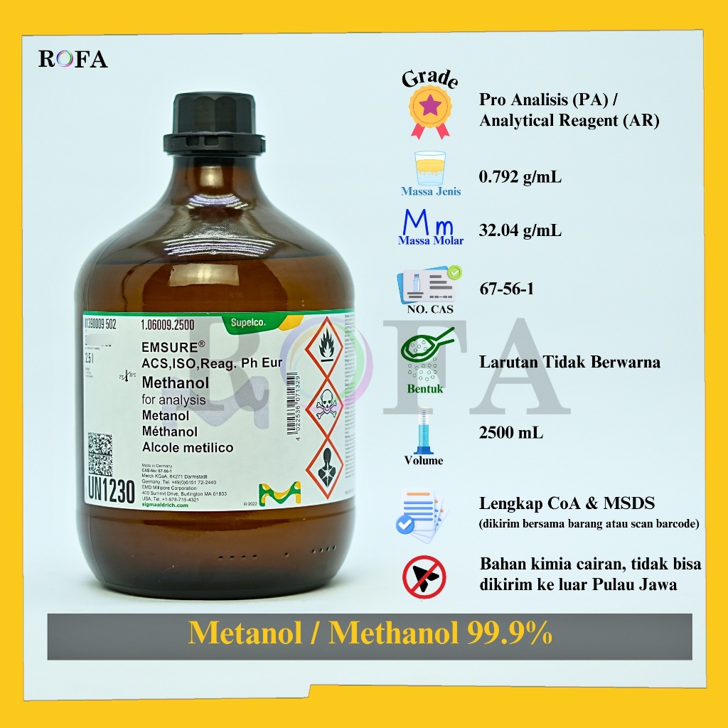 Metanol / Metil Alkohol / Methanol / Methyl Alcohol / CH3OH 99.9% Pro Analisis 2500 mL