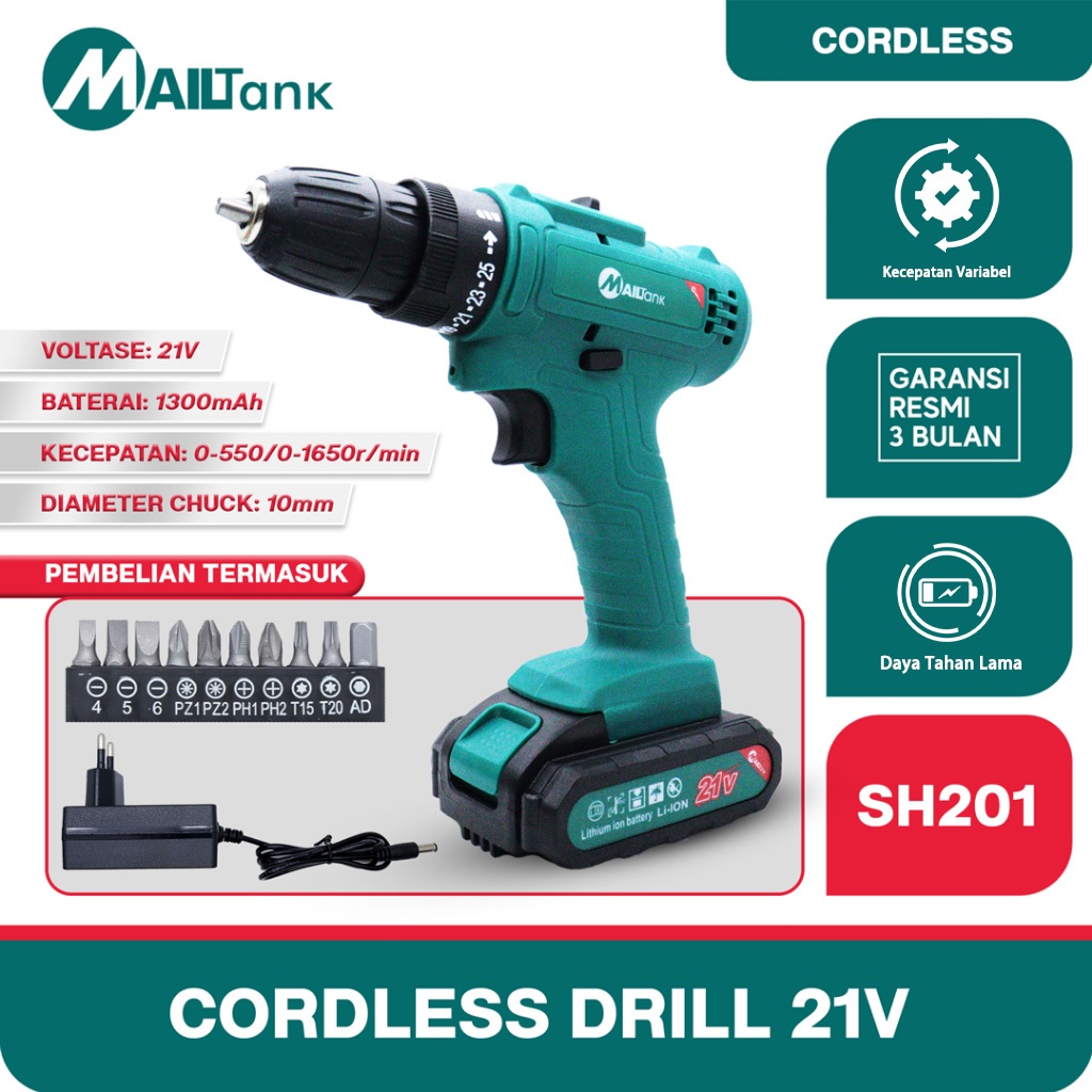 Mailtank SH201 Cordless Drill 21V Bor Baterai Cas Tanpa Kabel 2 Kecepatan Low Watt Waterproof Bor Ta