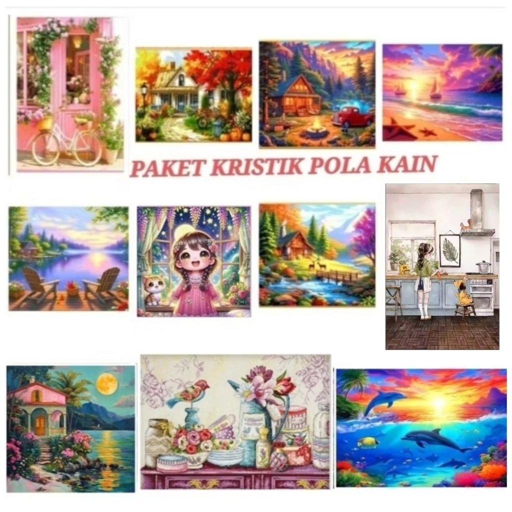 (READY ) DIY Crossstitch kit paket kristik Bunga Pemandangan Hewan Orang pola kain vas flower dmc pr