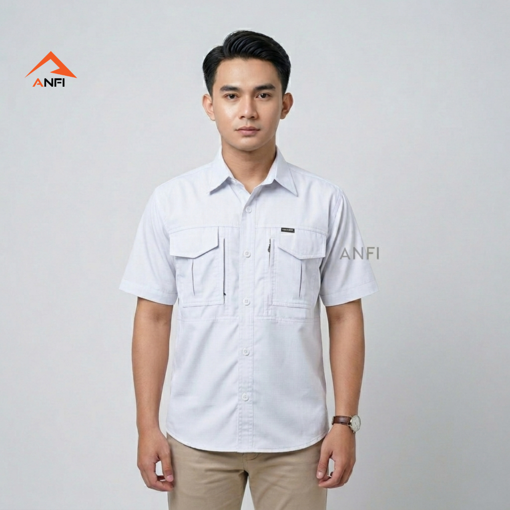 ANFI Kemeja Tactical Pria Lengan Pendek Putih Bahan Ripstop Outdoor