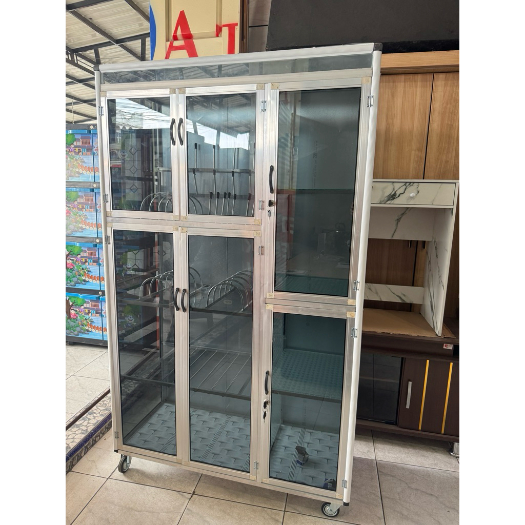 Lemari Rak Piring Aluminium 3 Pintu Roda