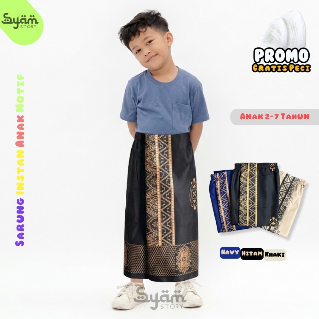 Sarung Anak Instan Praktis Syam Story Full Motif dan Variasi Benang Emas Pinggang Karet Velcro Tape 