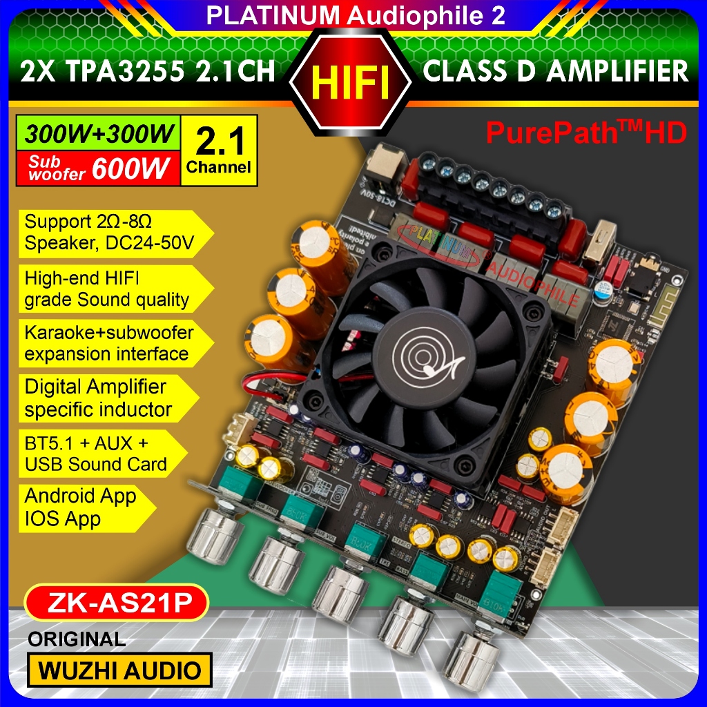 TPA3255 Amplifier 2.1CH Bluetooth Stereo + Subwoofer 2x 300W + 600W Original Wuzhi ZK-AS21P