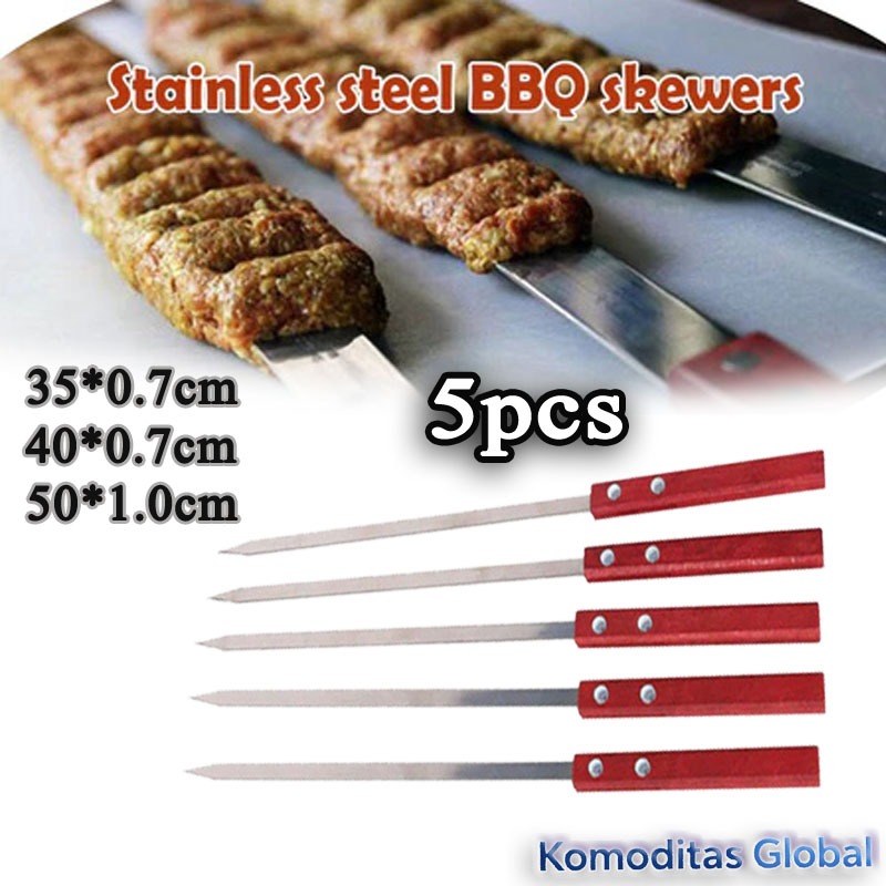 5pcs Tusuk Sate Stainless Steel 35/40/50cm Gagang Kayu - Alat BBQ Kebab Tahan Lama