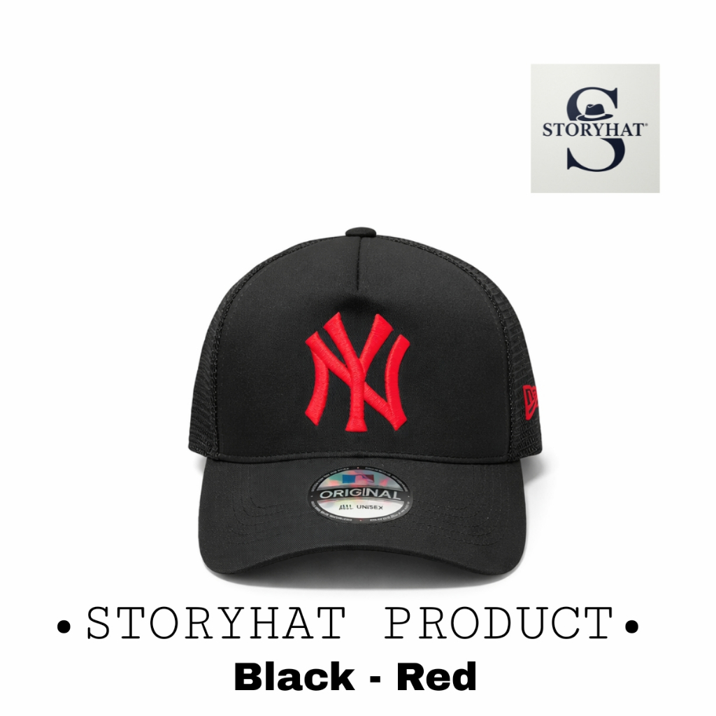 Topi Trucker Jaring NY Hitam Bordir Merah