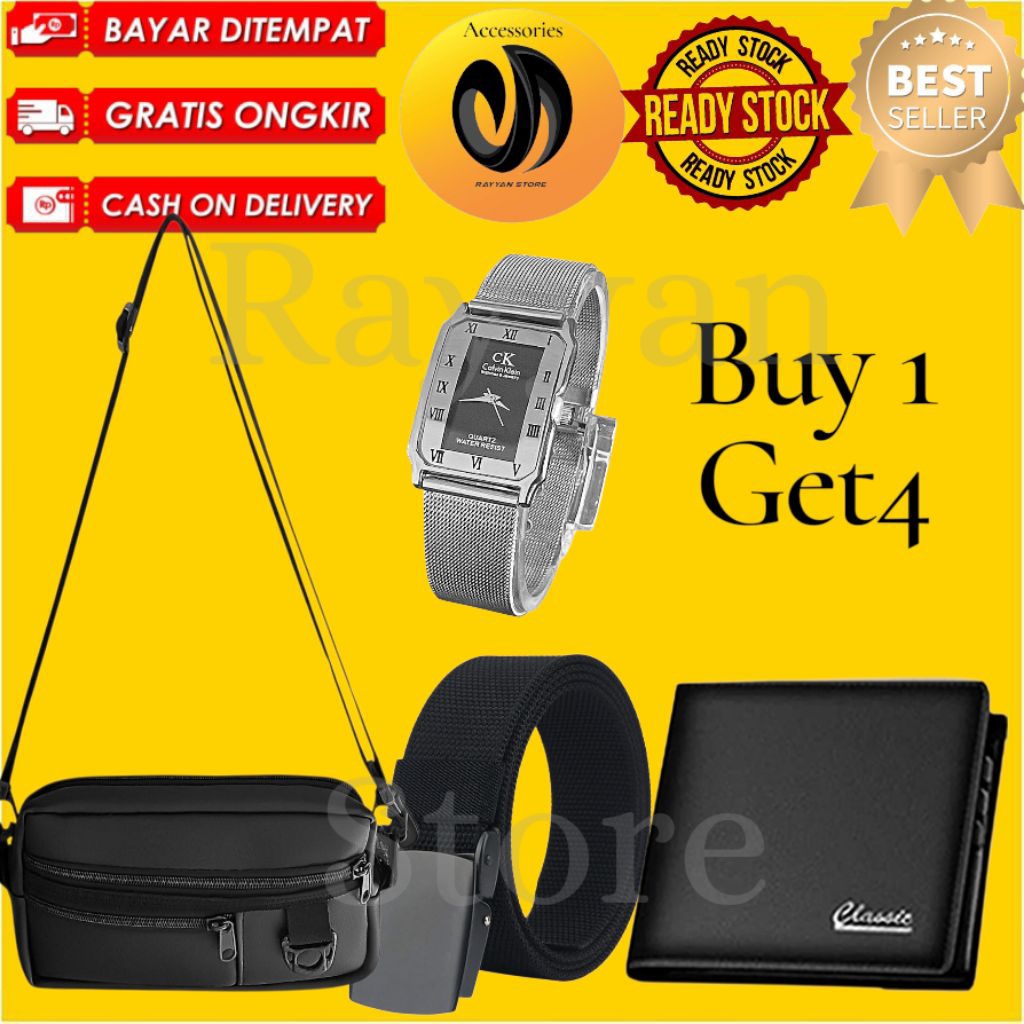 Fashion keren  Paket Bundling 4in Beli Tas Pinggang Gratis Aksesoris Pria Lainnya [Jam+Topi+Dompet+I