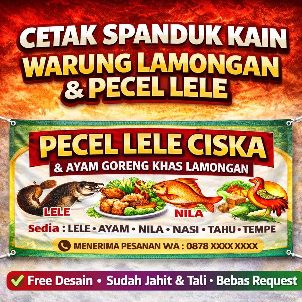 CETAK SPANDUK KAIN PECEL LELE/LAMONGAN/SATE AYAM/NASI BEBEK/ANGKRINGAN DLL