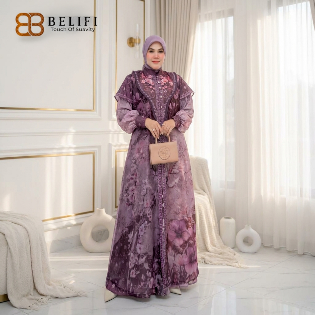 BELIFI | Rayya Built-In Outer Series Gamis Tumpuk Menyatu Pola Bunga Mewah