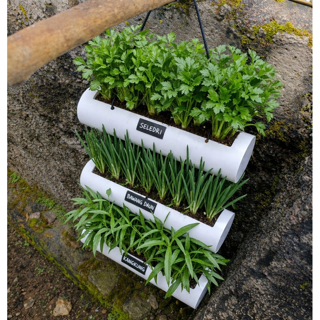 Pot Tanaman Gantung PVC Vertikal 3 Susun | Pot Hidroponik Sayur | Rak Tanam Dinding Minimalis | Pot 