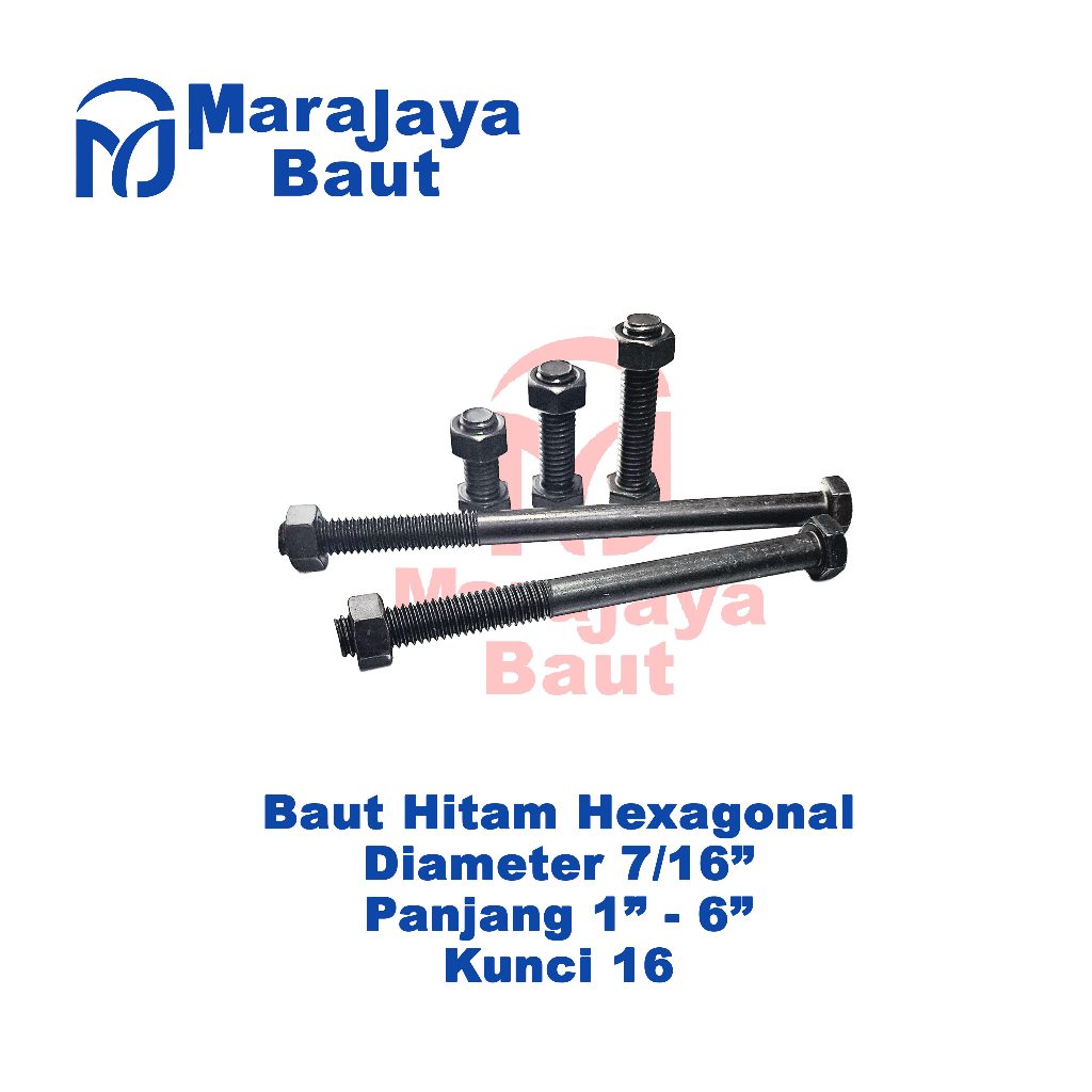 Baut Mur Hitam Hexagonal 7/16" Panjang 1" - 6" Kunci 16