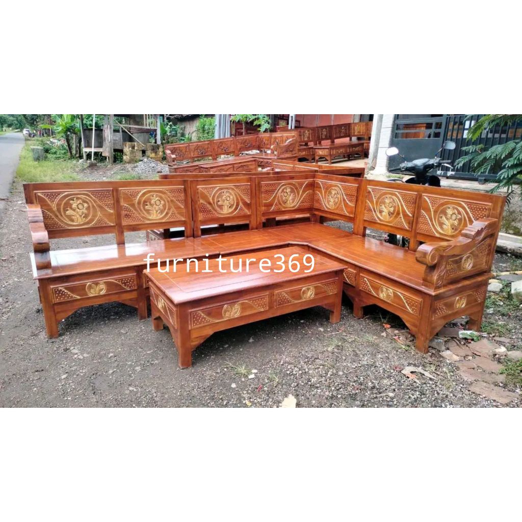 kursi tamu sudut kayu jati minimalis, set kursi tamu kayu jati sudut minimalis