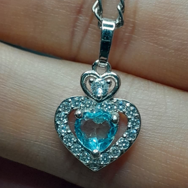Kalung Liontin + Natural Blue Topaz Dim:est 6 x 6 x 4mm Love Heart Hati Cutting Biru Bahan SS Code A