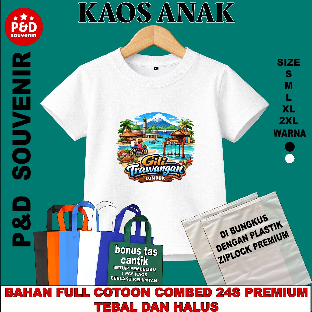 KAOS ANAK SOUVENIR OLEH OLEH TIGA GILI TRAWANGAN (A) WARNA PUTIH BAHAN COTTON COMBED 24S TEBAL DAN H