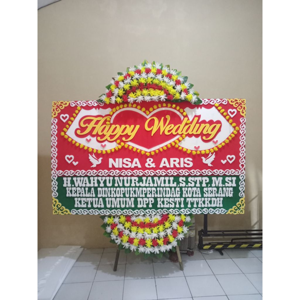 karangan bunga papan happy wedding, free ongkir kota serang Banten