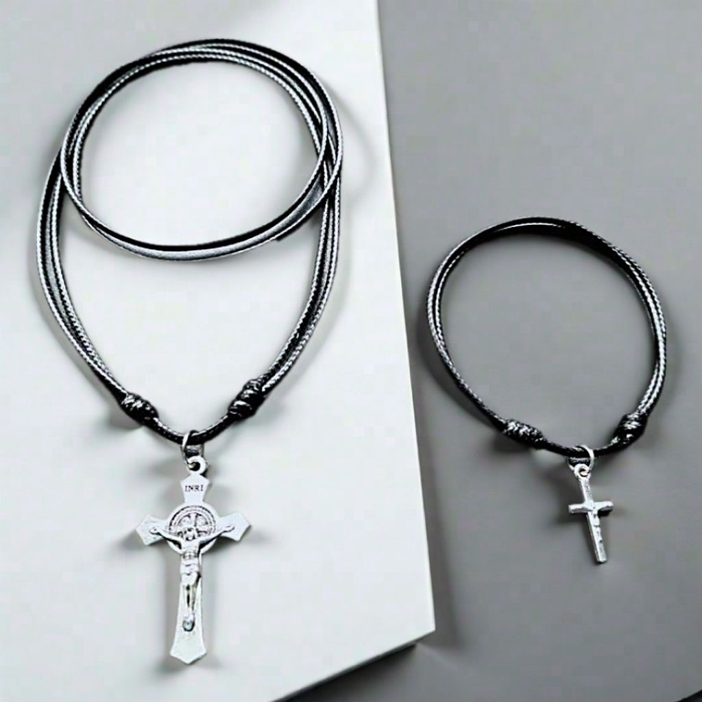 KG1 KALUNG GELANG Paket Kalung dan Gelang Tali Hitam Model Salib untuk Anak dan + GELANG SALIB TALI 