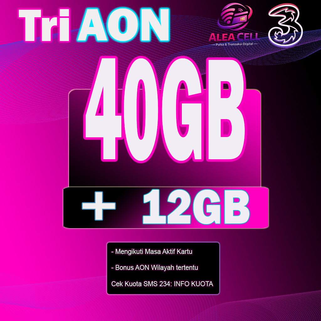 Kuota TRI AON 40 GB + 12 GB, Tri Bulanan 100Gb Murah Full 24 Jam
