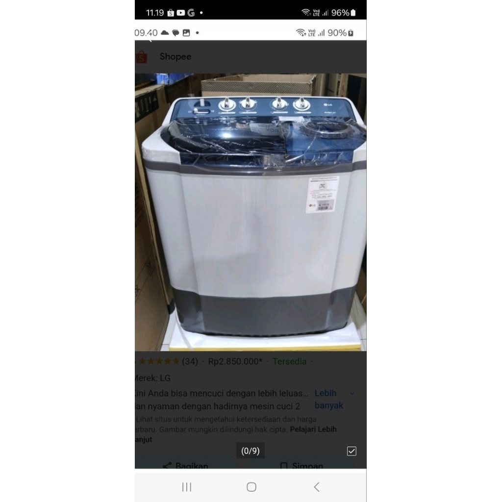 mesin.cuci 10kg 2 tabung LG P1000RT