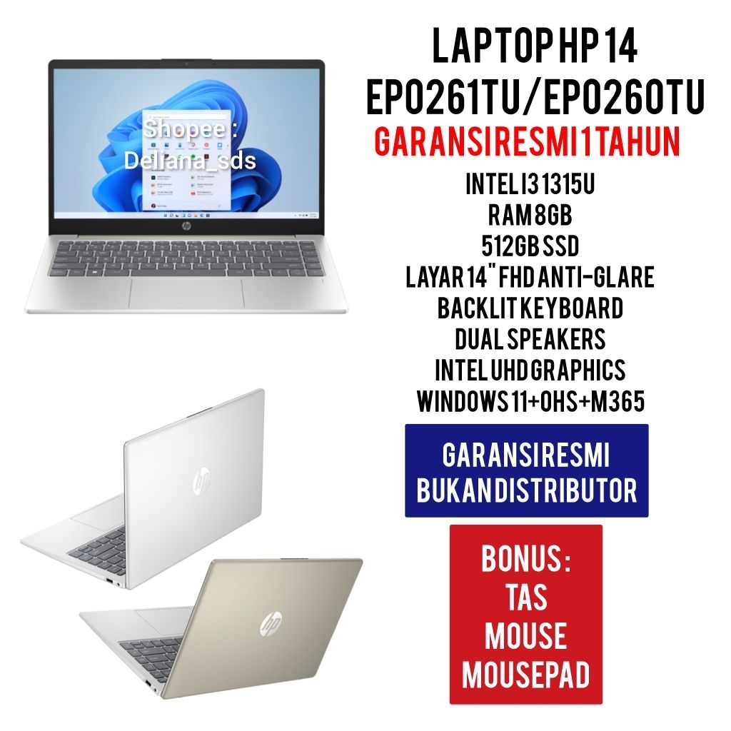 Laptop HP intel I3 1315U 8GB/512GB 14" FHD Garansi Resmi 1 Tahun Laptop HP 14 EP0261TU Laptop HP 14 