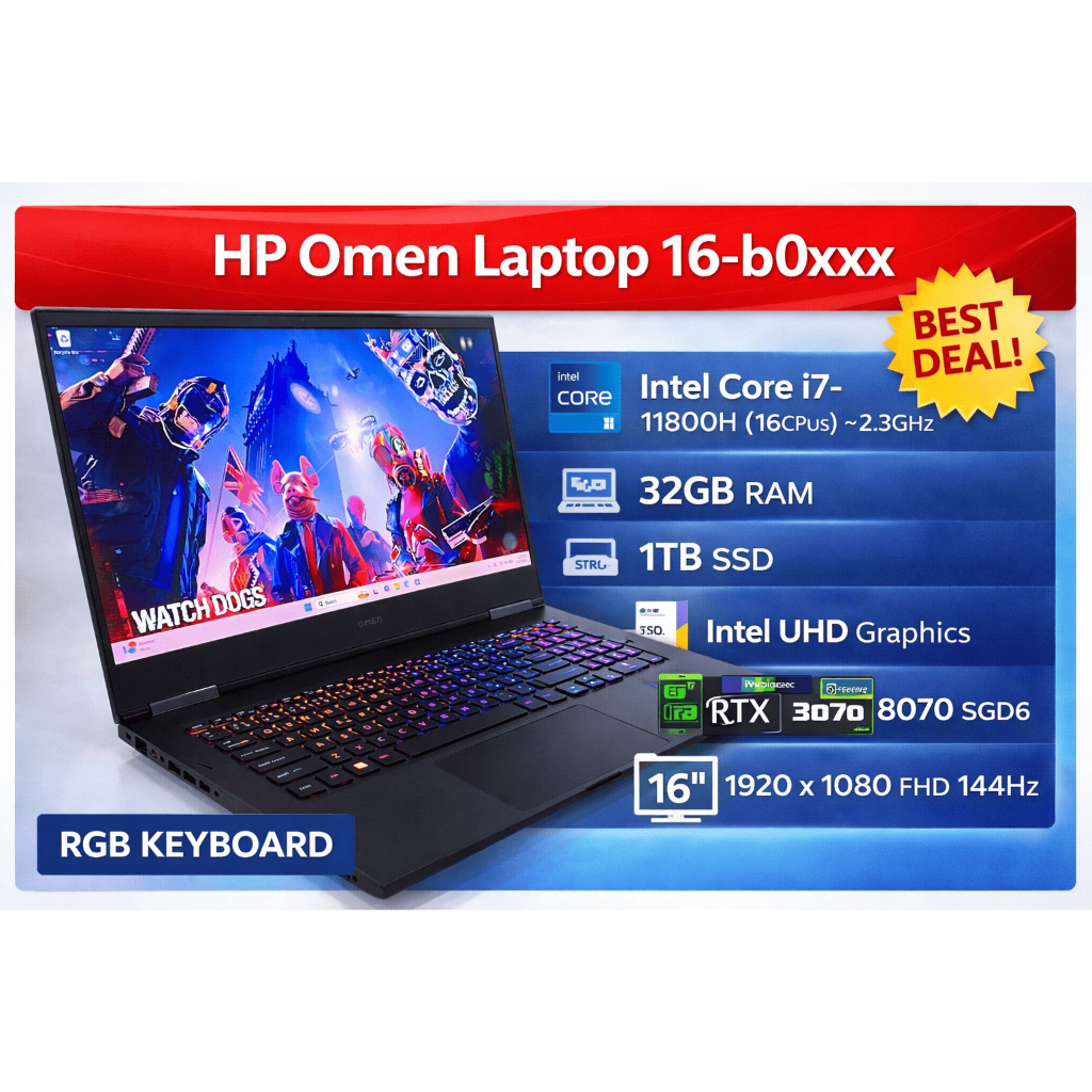 Laptop Gaming HP Omen 16 | i7 Gen 11 | RAM 32GB | SSD 1TB | RTX 3070 8GB | RGB