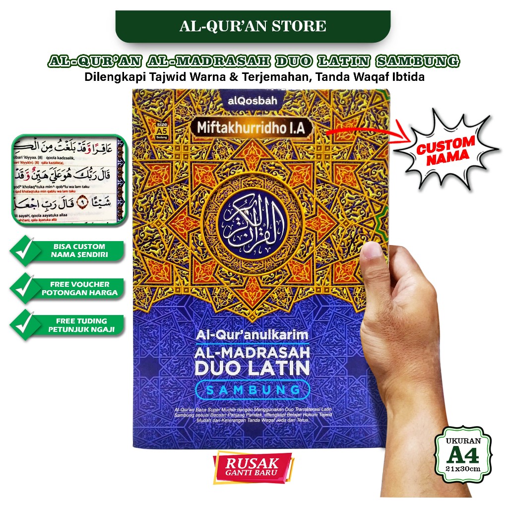 Alquran Custom Nama Al Madrasah Duo Latin Sambung Al Quran Latin dan Terjemah Ukuran Besar A4 A5