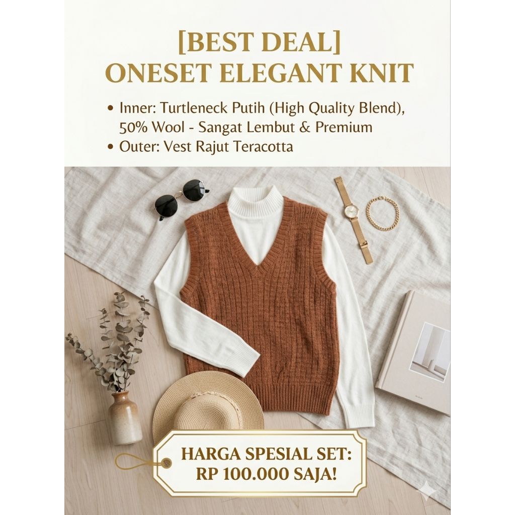 SET TERLEMBUT] Baju Setelan Knit Wanita - Turtleneck & Rompi Rajut Mewah (Tanpa Gatal!)
