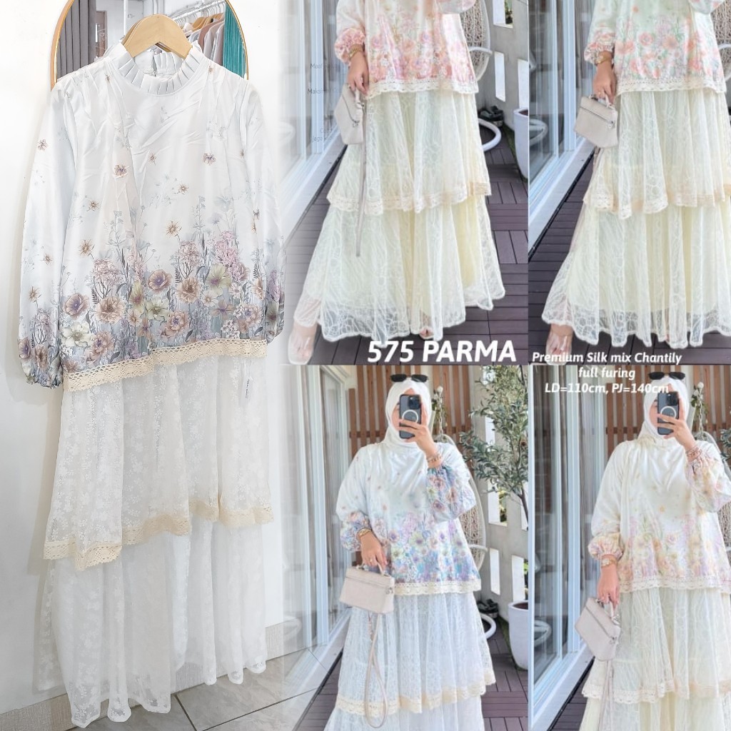 Dress gamis lace halus brokat kombinasi silk, gamis lace brokat
