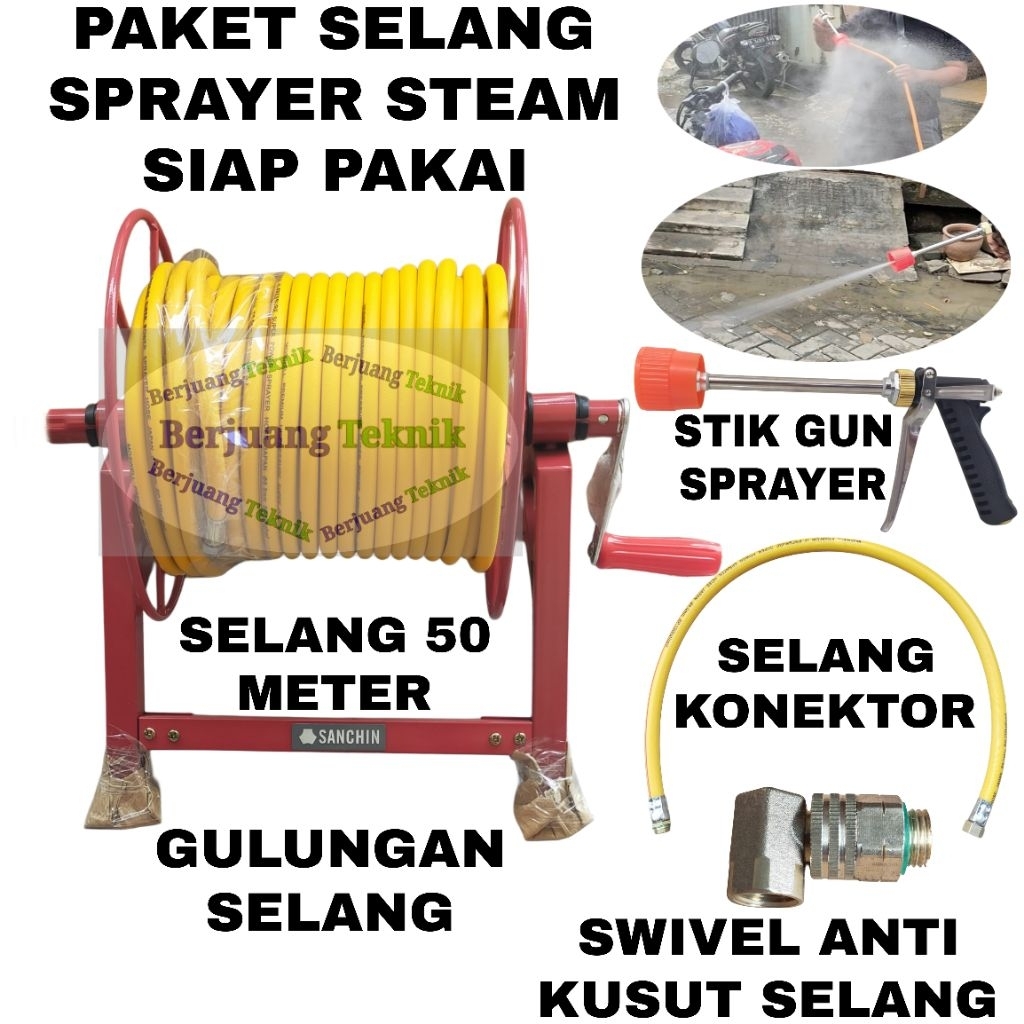 Selang Sprayer, selang steam, selang air 50 meter komplit gulungan dan stik