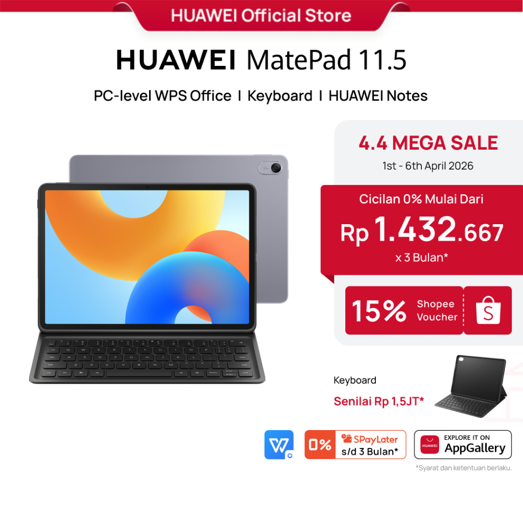 [4.4 Voucher s/d 15%] HUAWEI MatePad 11.5-inch Tablet | PC-level WPS Office | Keyboard | HUAWEI Note