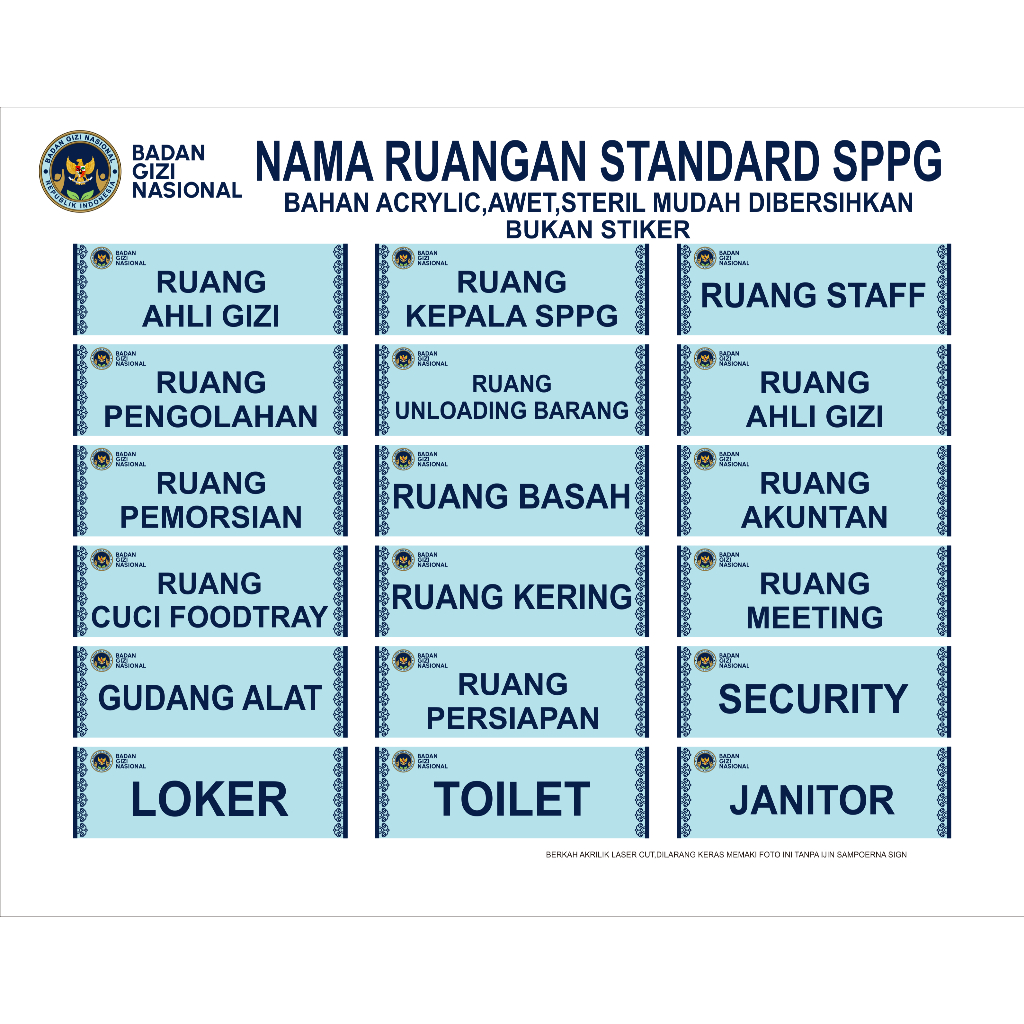 Akrilik Papan Nama Ruang Gedung BGN SPPG MBG, Custom Stiker Nama Ruang Dapur MBG
