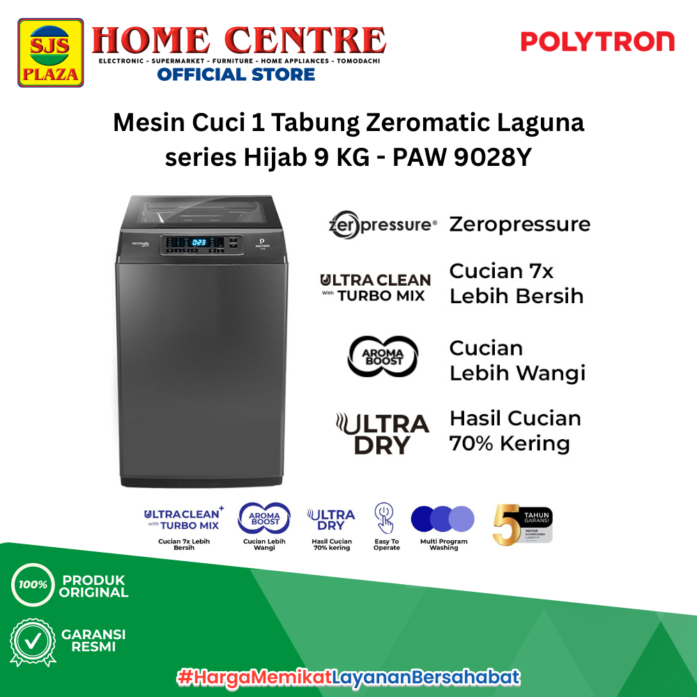 POLYTRON MESIN CUCI TOP LOADING ZEROMATIC LAGUNA 9KG PAW-9028Y