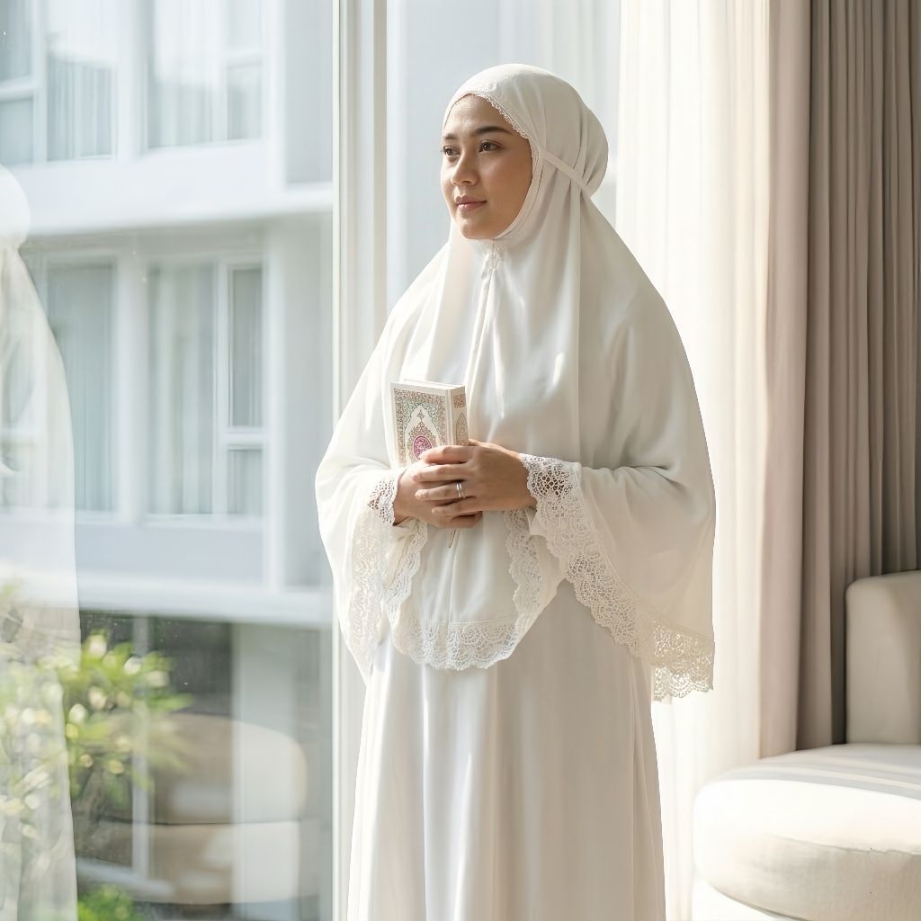 Bergo Umroh dan Haji Renda Bordir Katun Premium Bersaku Kerudung Dewasa Adem dan Lembut