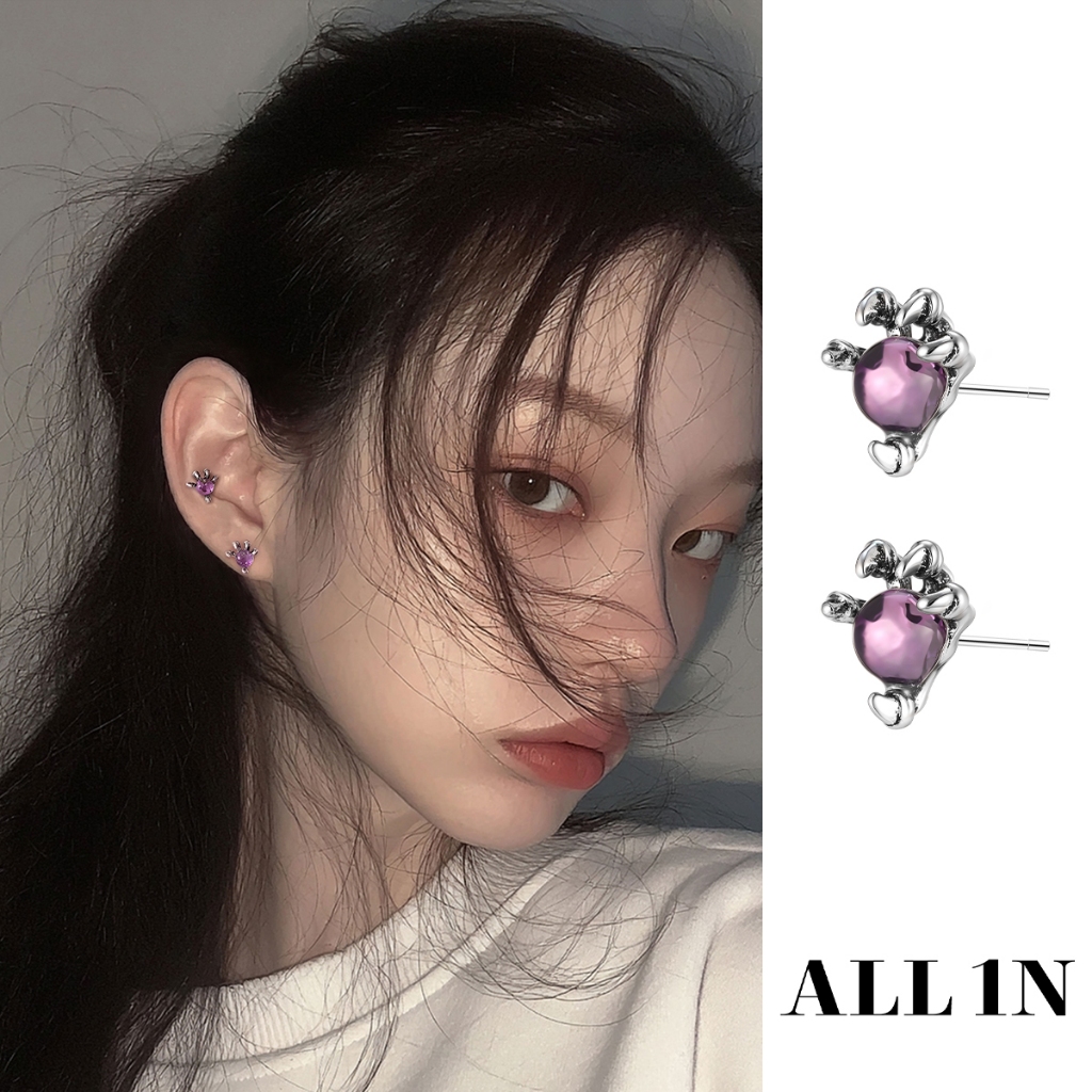 AII 1N-Anting titanium motif cakar naga vintage,  batu ungu, aksesori fashion trendi, uniseks.