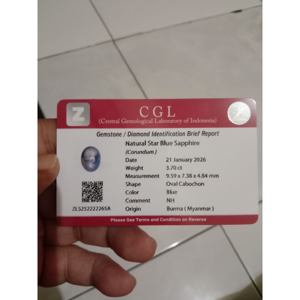 Natural Blue Safir Star Burma + Memo ID (Rare Item)
