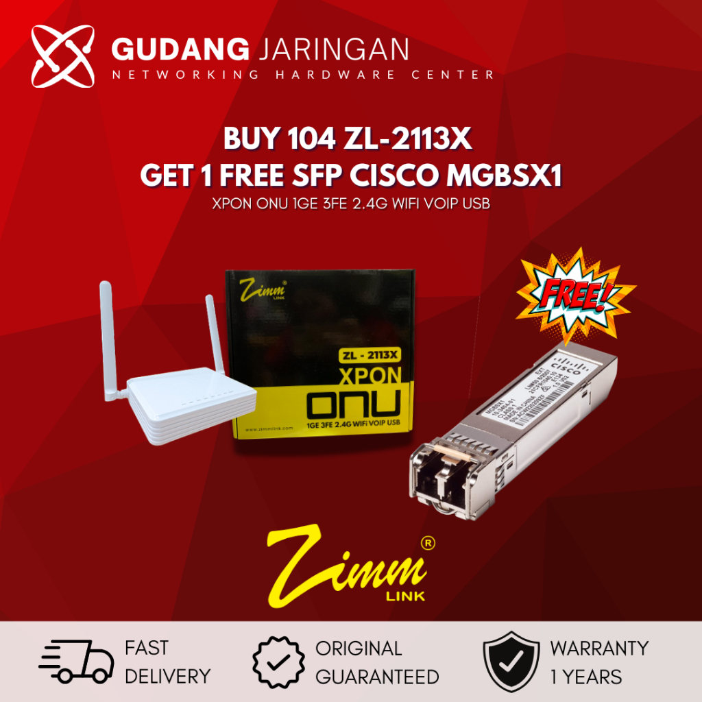 ZIMMLINK XPON ONU ZL-2113X Support ONT EPON & GPON 1GE 3FE 2,4G Wifi VOIP (1 BOX ISI 104 UNIT) FREE 
