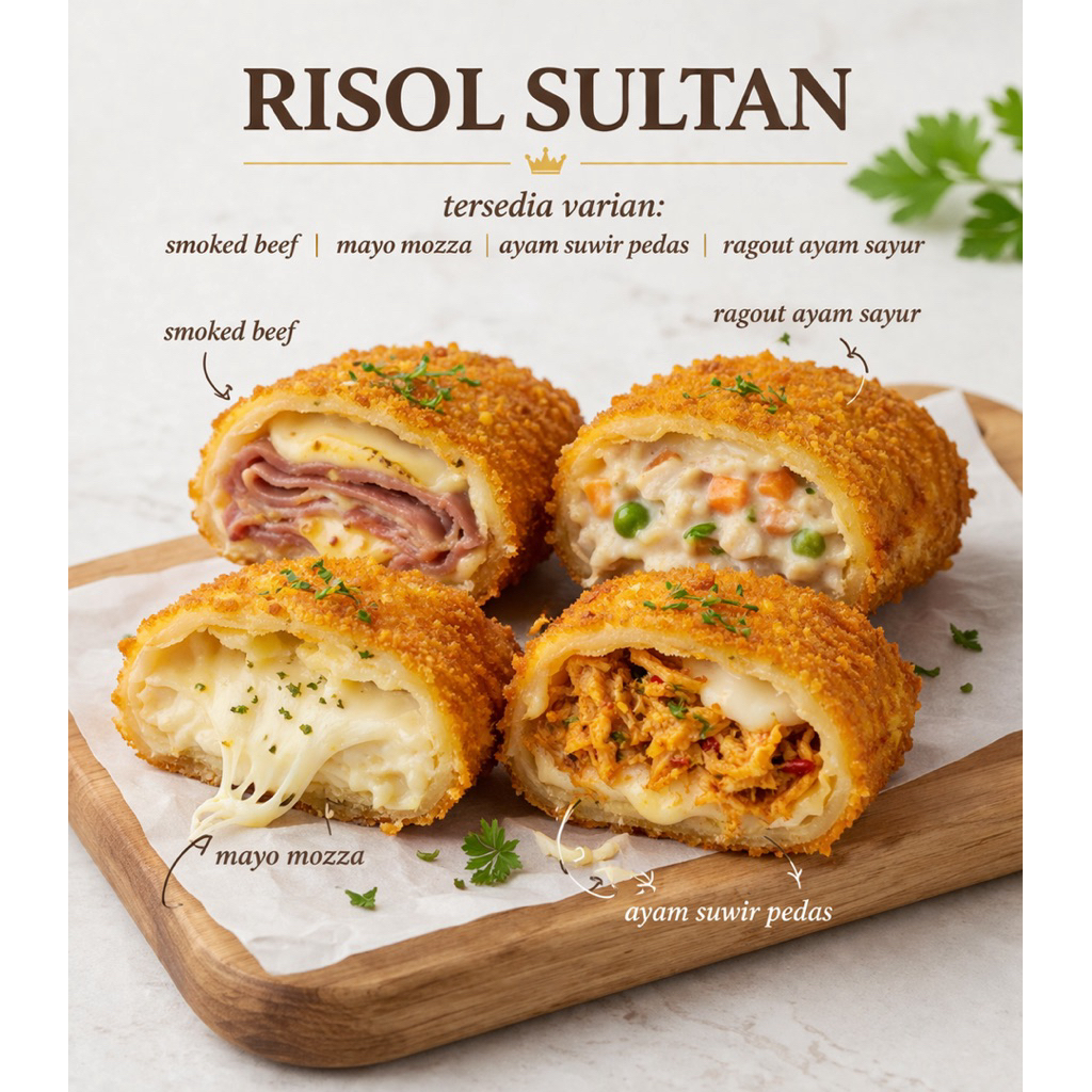 RISOLES SULTAN PREMIUM RAGOUT AYAM SAYUR MOZZARELLA SMOKED BEEF AYAM SUWIR PEDAS BANDUNG