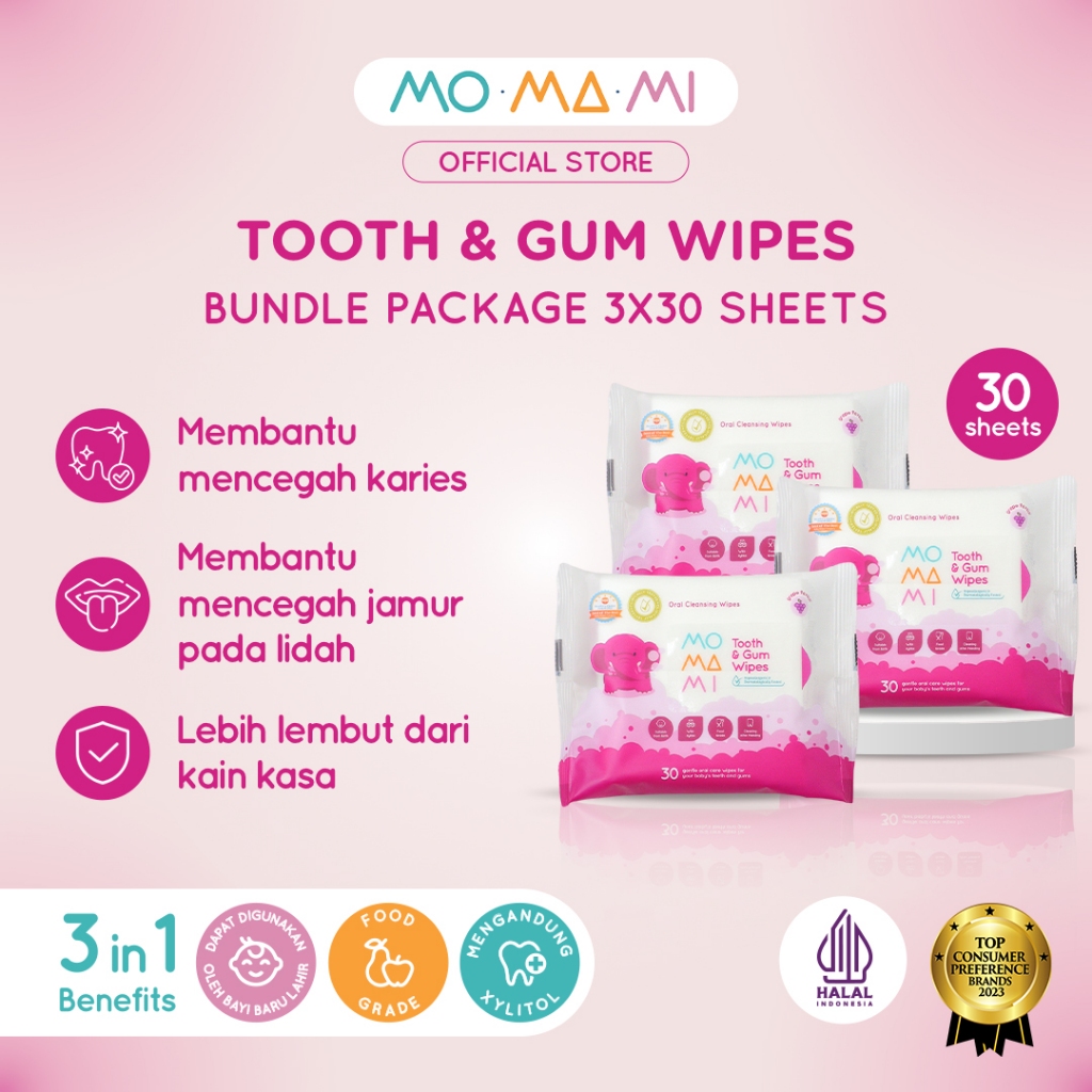 Momami Bundle 3 Pack Tooth & Gum Wet Wipes Baby Tissue - Tisu Basah Xylitol Pembersih Gigi Bayi