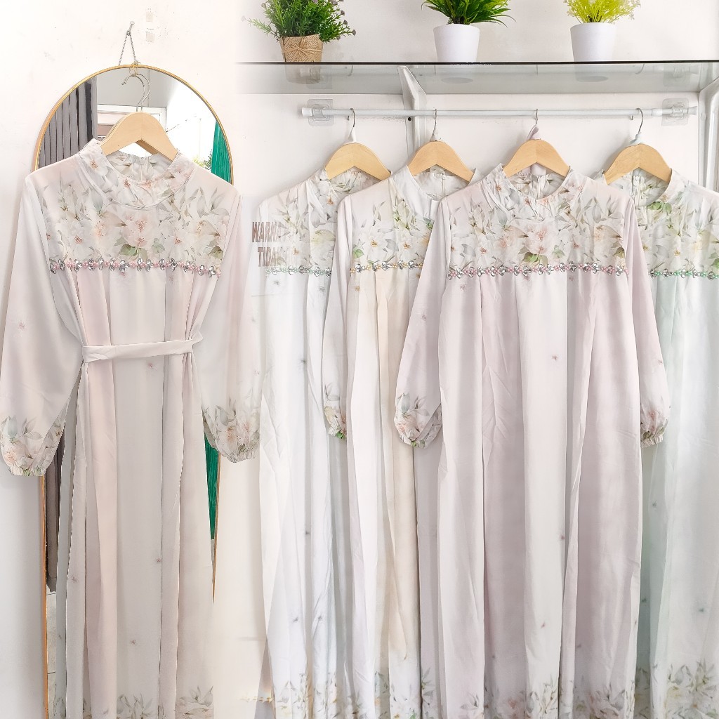 Gamis silk Armani motif kombinasi mutiara/dress silk motif