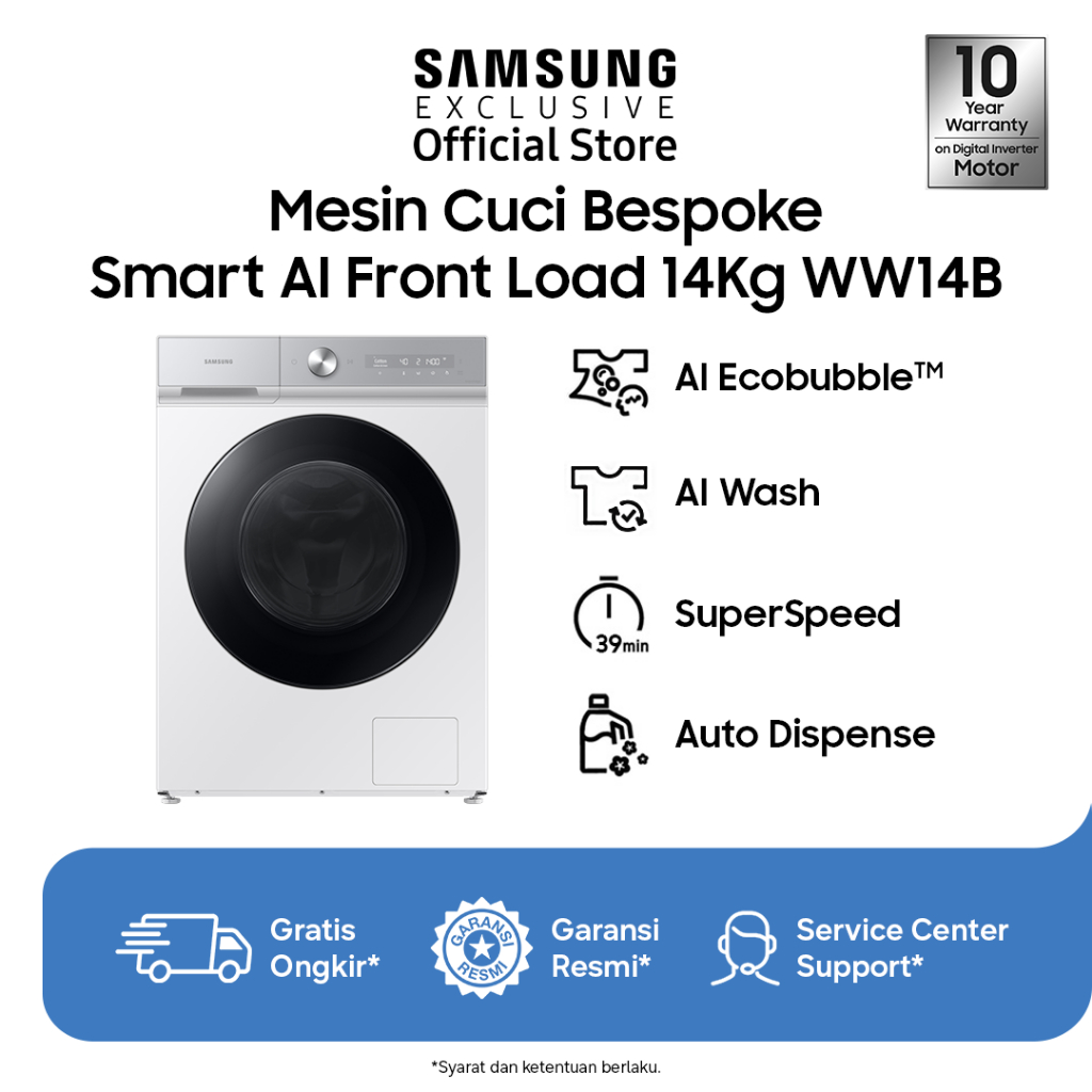 Samsung BESPOKE Mesin Cuci Front Load Washer 14Kg | AI Ecobubble™ | QuickDrive™ | WW14BB944DGHSE