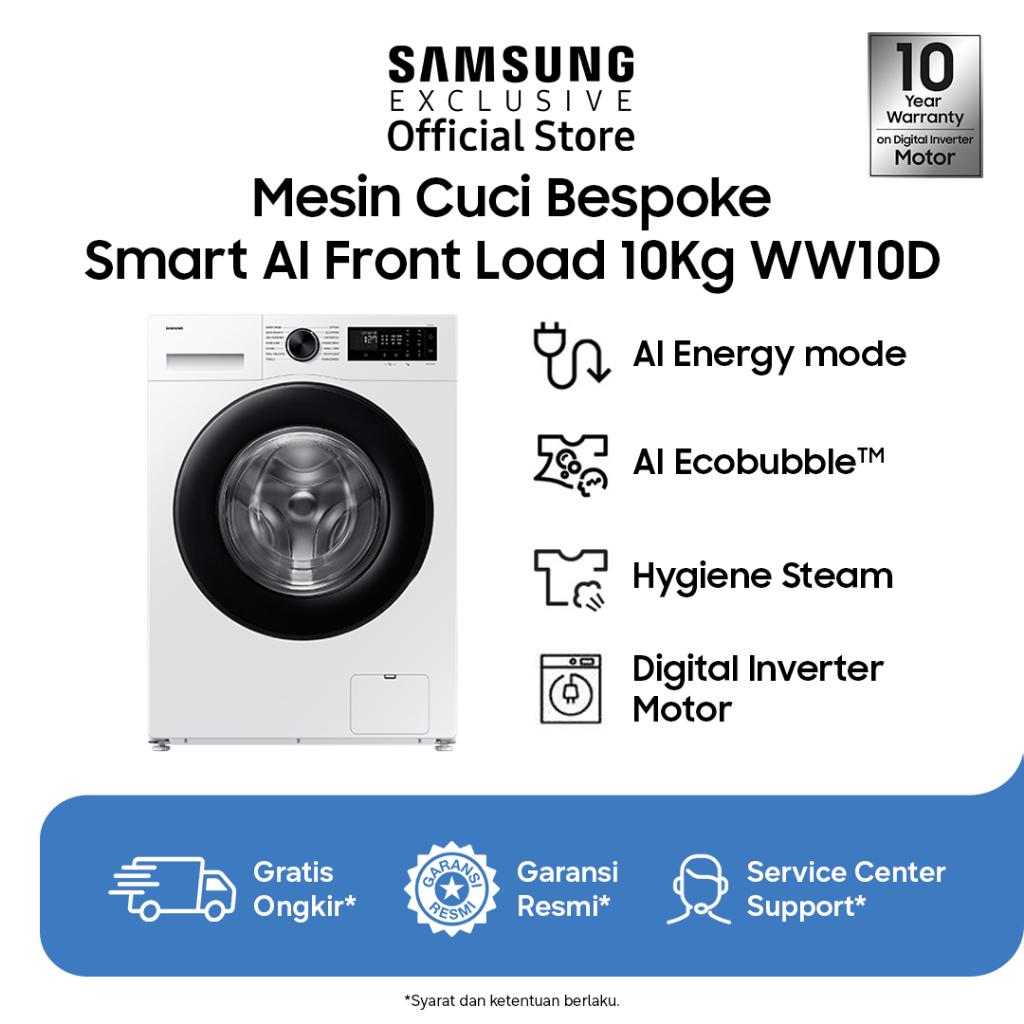 Samsung Bespoke AI Front Load Washer 10kg - White | Mesin Cuci | EcoBubble | WW10DG5U34AESE