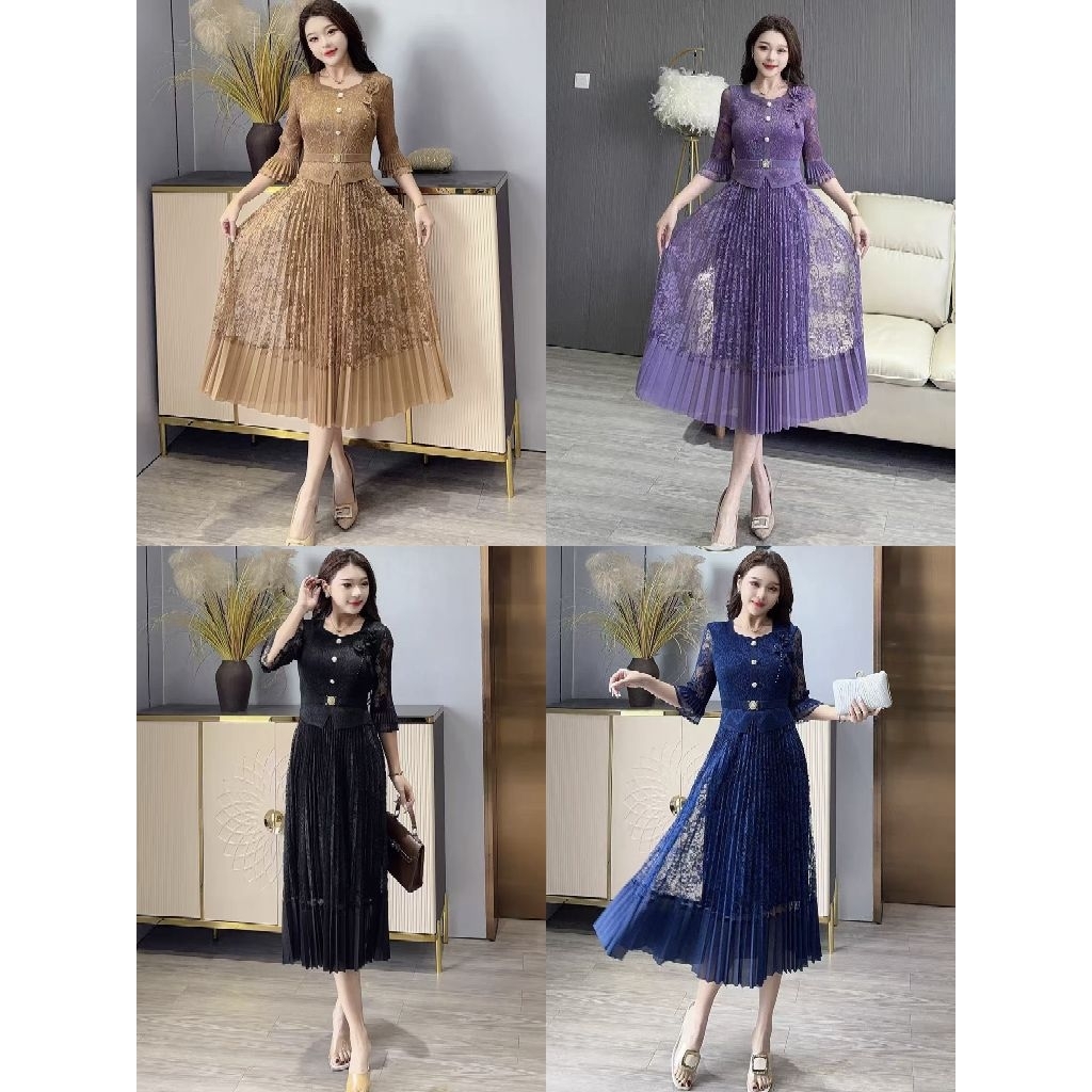 Dress Korea Import premium plisket 7823 (Bunga atas samping)