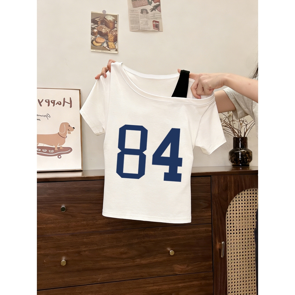 #FYP LUMEA7. Ready Stok Atasan Off Shoulder Tali Asimetris | Motif Angka 84 Kaos Wanita Y2K Retro St