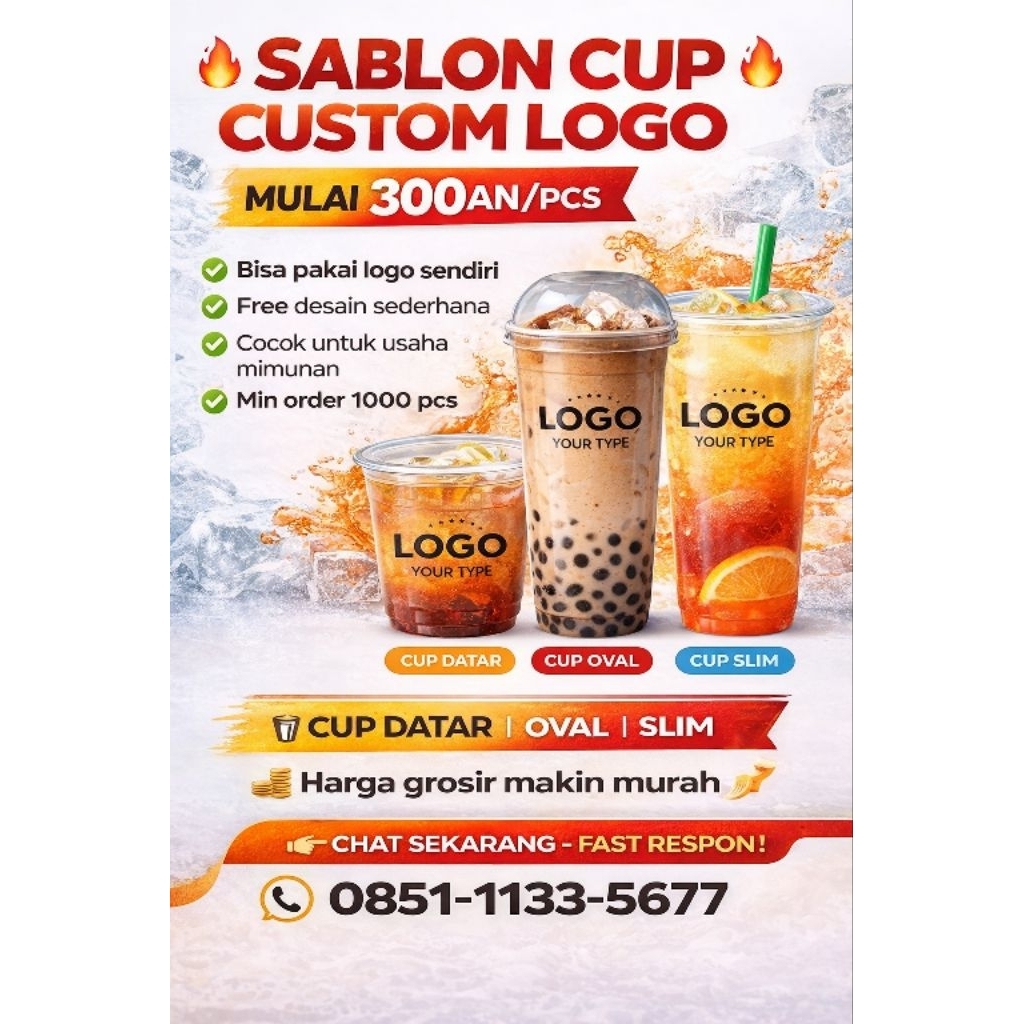 Sablon Cup Plastik Custom Logo Murah | Cup Boba Jus Es Teh 12 14 16 22 oz | Gelas Plastik Sablon