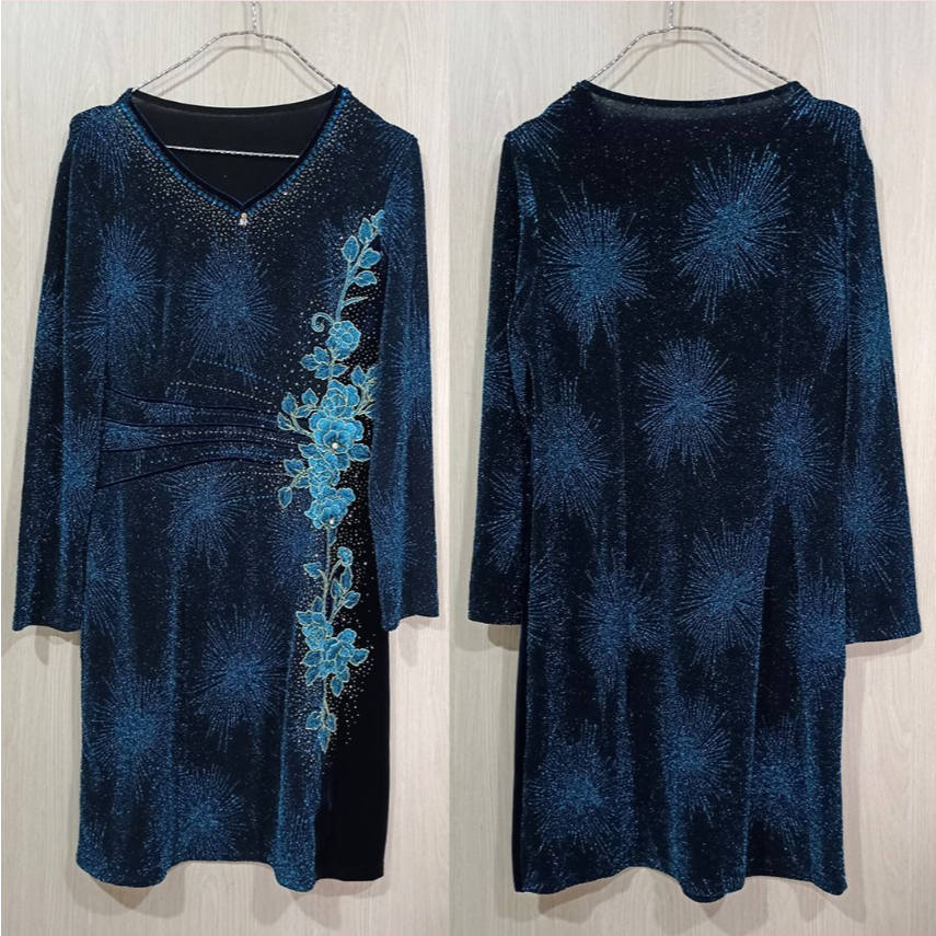 Dress Pesta Biru Bludru Beludru Mewah Glitter