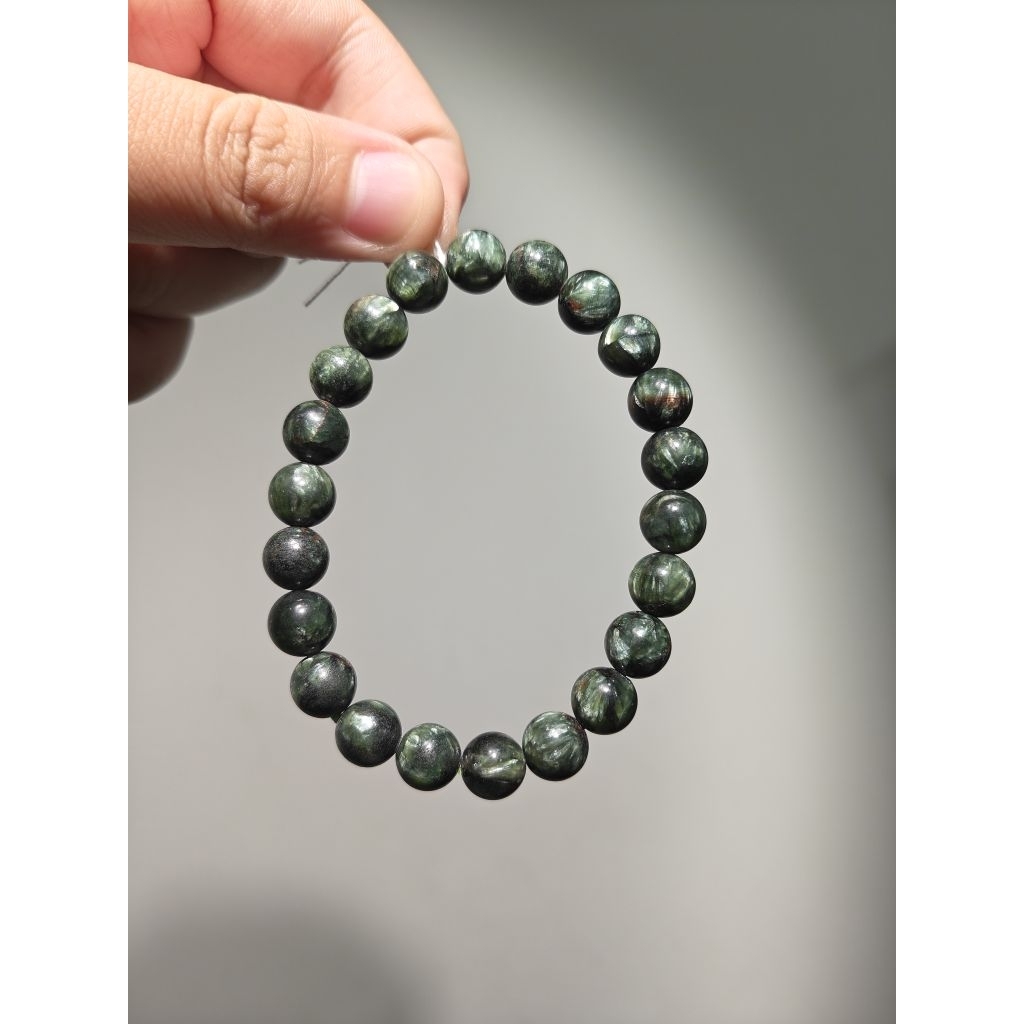 Gelang Seraphinite 6mm  8mm 9mm 10mm – Batu Hijau Motif Feather Silver, Premium Natural Bracelet