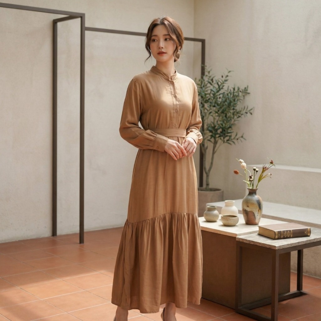 NJW - Dress Wanita Amina Longsleeve Tali Pinggang Kerah Lengan Balon