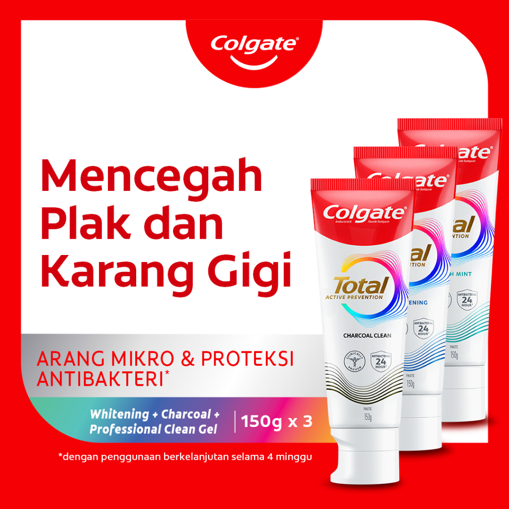 Colgate Total Whitening + Charcoal Deep Clean + Professional Clean Gel Toothpaste 150g - Pasta Gigi 