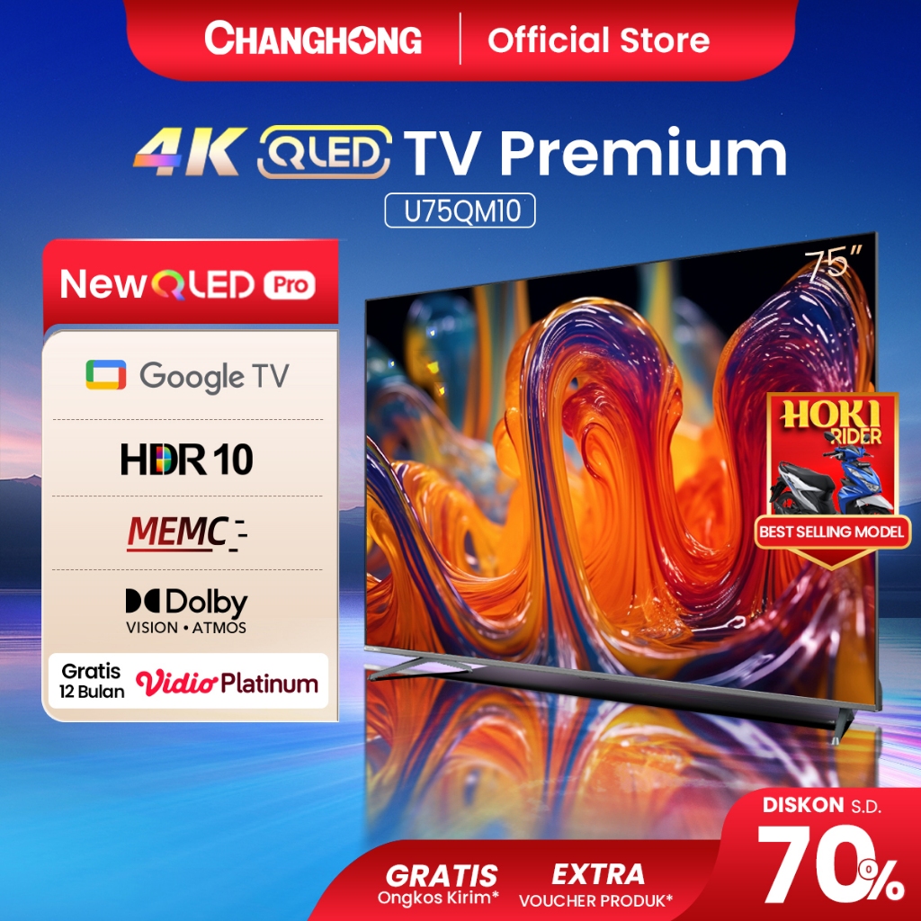 Changhong QLED TV 4K 75 inch Google Smart QLED PRO Digital TV Dolby Audio DBX-TV Google Play Netflix