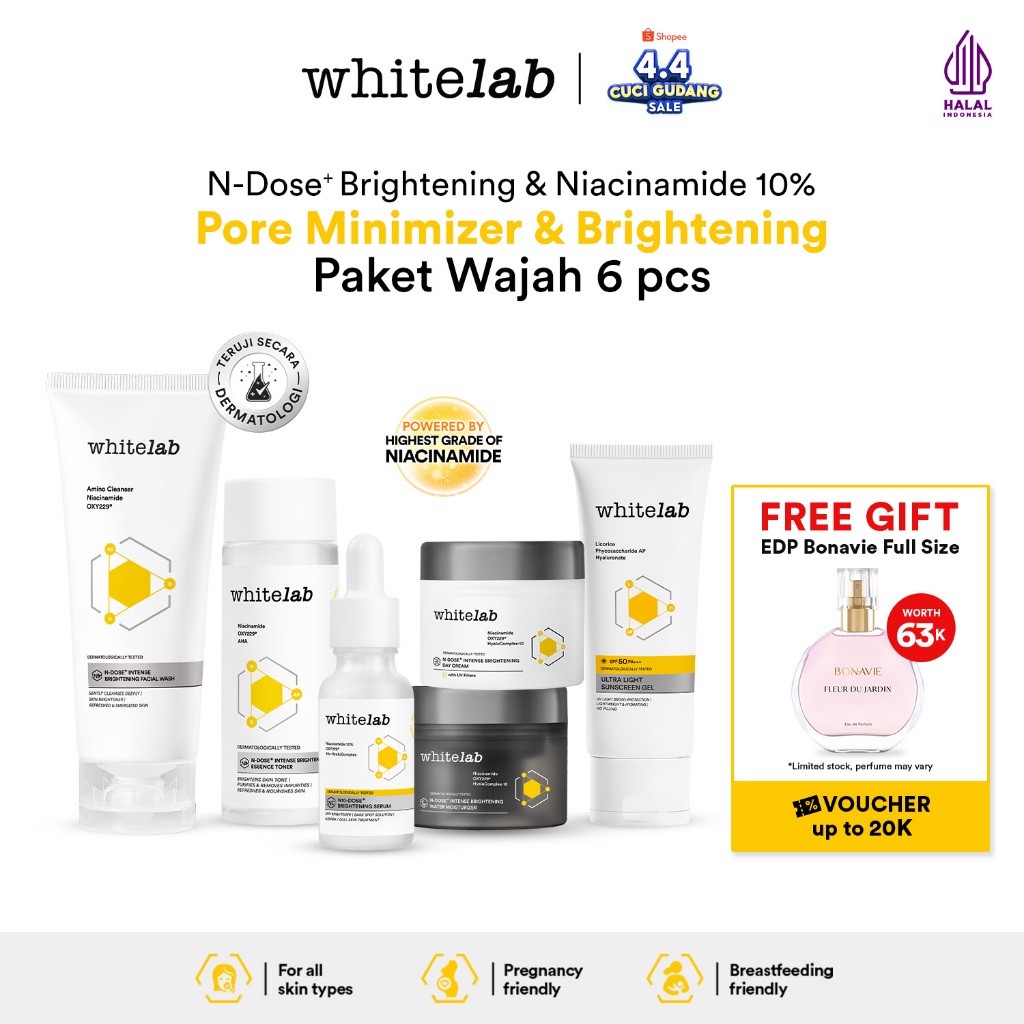 Whitelab Paket Wajah Brightening Niacinamide Facial Wash, Toner, Serum, Moisturizer, Sunscreen - 6 p